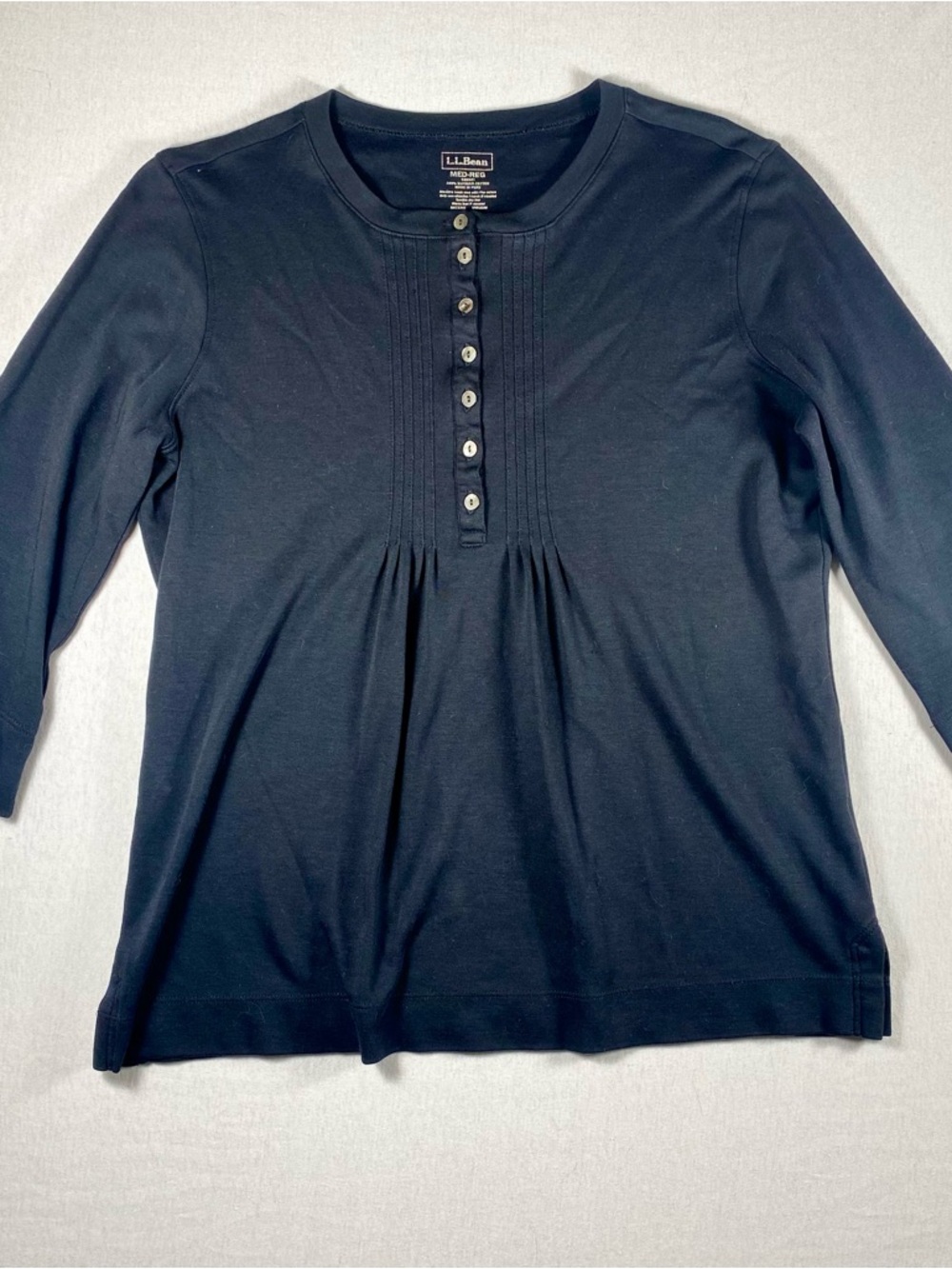 L.L. Bean M Black Henley Supima Cotton Tunic Blouse 3/4 Sleeve Button Pleated